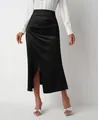 Detail view of a elegant black high-waisted satin maxi skirt with a front slit - S / Black