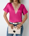 Detail shot of a women's V-neck satin blouse featuring elegant lace trim on the neckline. - Rose Red