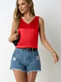 Elegant red satin V-neck tank top for women, sleeveless casual summer blouse stylish top - S / Tops / Red