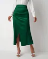 Elegant high-waisted dark green satin midi skirt with side pleats and front slit detail - S / Green