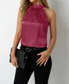 Elegant burgundy satin halter neck top for women featuring sleeveless design and silk texture - S / Tops / Rouge Red