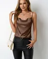 Elegant brown satin camisole tank top for women featuring cowl neck and delicate thin straps - S / Tops / Dark Brown