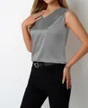 Elegante graue ärmellose Satinbluse mit V-Ausschnitt für Damen im Business-Stil - S / Oberteile / Grau