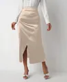 Detailed view of an elegant champagne satin midi skirt with a high waist and slit - S / Champagne