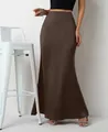 Elegant brown satin maxi skirt for women with a smooth and glossy finish texture - Coffee