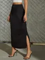 Close-up of black satin midi skirt featuring elegant side slit and smooth fabric texture. - XS / Black