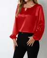 Elegant red satin long-sleeved blouse for women with keyhole neckline variant - S / Tops / Red