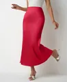 Elegant red satin mermaid midi skirt detail featuring a glossy finish and slim fit - S / Bottoms / Red