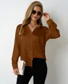 Elegant brown satin long sleeve blouse with V-neck and button closure for women - S / Tops / Dark Brown