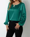 Women's emerald green long sleeve satin blouse featuring an elegant keyhole neckline - S / Tops / Green