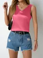 Elegant rose pink satin V-neck sleeveless tank top for women's casual summer wear - S / Tops / Peach