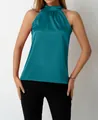Elegant dark teal satin halter neck sleeveless top for women, summer fashion SKU - Malachite green
