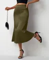 Elegant olive green satin mermaid midi skirt with a high-waisted and smooth finish - S / Bottoms / Army Green