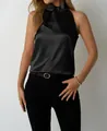 Elegant women's black satin halter neck sleeveless tank top for stylish summer outfits - S / Tops / Black