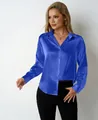 Macro detail of the royal blue satin fabric texture on women's V-neck button-down shirt. - Sapphire Blue