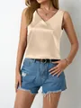 Elegant beige satin V-neck tank top for women, perfect for a sophisticated summer outfit - Apricot
