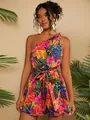 Vibrant tropical floral print one-shoulder romper with waist tie for summer fashion - XS / Top And Bottom / Red Pink