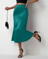 Jupe mi-longue sirène élégante en satin vert sarcelle avec taille haute sophistiquée - Bleu lac