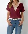 Elegant burgundy V-neck satin t-shirt for women featuring delicate lace trim detailing - Dark Red
