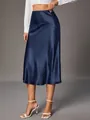Close-up of navy blue satin midi skirt showing elegant silk-like fabric sheen and fit. - Navy Blue