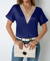 Elegant navy blue satin V-neck blouse featuring intricate lace trim for a sophisticated look - Blue