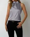 Elegant grey satin sleeveless top for women with a sophisticated high-neck collar design. - S / Tops / Gray