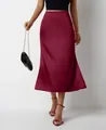 Jupe sirène midi élégante en satin bordeaux avec taille haute et fini soyeux - Bordeaux