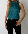 Elegant dark teal satin halter neck sleeveless top with high neck fold design - S / Tops / Malachite green