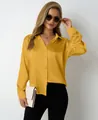 Elegant mustard yellow satin long-sleeved shirt featuring a V-neckline and loose fit design - S / Tops / Lemon Yellow