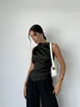Detailed view of elegant black satin sleeveless top with silk-like finish - XS / Top (A0106) / Black