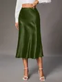 Close-up of a luxurious dark green satin midi skirt featuring an elegant glossy finish. - XS / Bottoms / Army Green
