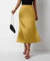Jupe mi-longue en satin jaune élégante avec ourlet sirène et taille haute pour un look chic. - Jaune Citron