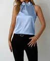 Elegant light blue satin sleeveless halter neck top for women, perfect for summer. - S / Tops / Light Blue