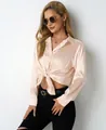 Elegant champagne pink satin shirt for women featuring a stylish front tie knot design. - S / Tops / Off White
