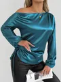 Close-up of elegant teal satin off-shoulder blouse with side drawstring detail - S / Tops / Blue
