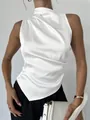Elegant white sleeveless satin blouse featuring a sophisticated draped neckline for summer - XS / Top (A0106) / White