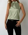 Elegant light green satin halter neck sleeveless top for women, chic summer fashion style - S / Tops / Light Green