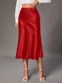 Elegant red satin midi skirt with high luster finish and fluid drape detail - XS / Bottoms / Red