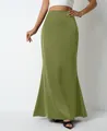 Elegant olive green satin maxi skirt for women with a smooth silky finish - Green