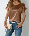Elegant women's short sleeve satin shirt in bronze brown color with a smooth finish - S / Tops / Dark Brown
