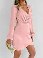 Elegant pink satin wrap mini dress detail showing the lantern sleeves and V-neckline style - S / Top And Bottom (B0032+1) / Pink