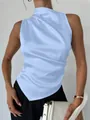 Close-up of light blue sleeveless satin blouse with elegant silk-like texture - XS / Top (A0106) / Grey Blue