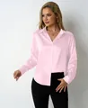 Elegant light pink long sleeve satin blouse with V-neck and button closure for women - Lotus Pink