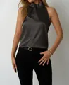 Elegant charcoal grey satin halter neck sleeveless top for women's summer style - S / Tops / Dark Gray