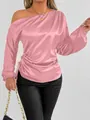 Detailed view of women pink satin one-shoulder long sleeve blouse with side drawstring - Pink