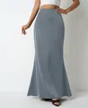 Elegant high-waisted satin maxi skirt in dusty blue perfect for a sleek, formal look - Gray