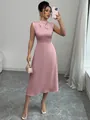 Elegant dusty pink satin A-line midi dress with stylish pleated cowl neck detailing - S / Top And Bottom / Pink