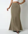 Elegant khaki high-waisted satin maxi skirt with a smooth mermaid silhouette - Khaki