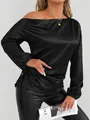 Detailed shot of black satin off-shoulder long-sleeve blouse with side drawstring - S / Tops / Black