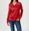 Detail view of a luxury red satin long sleeve blouse with a stylish V-neck design. - Red
